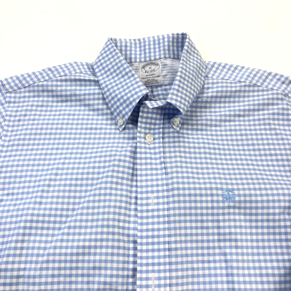 Brooks Brothers REGENT SUPIMA Medium 16/34 Non-Iron LS Gingham Dress Shirt Blue
